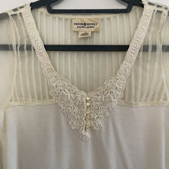 Denim & Supply Ralph Lauren Y2K Ribbed Preppy Henley Top Lace Size L Sheer Cream - Picture 5 of 8